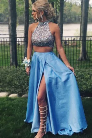 diamond corp blue satin two piece split prom dress