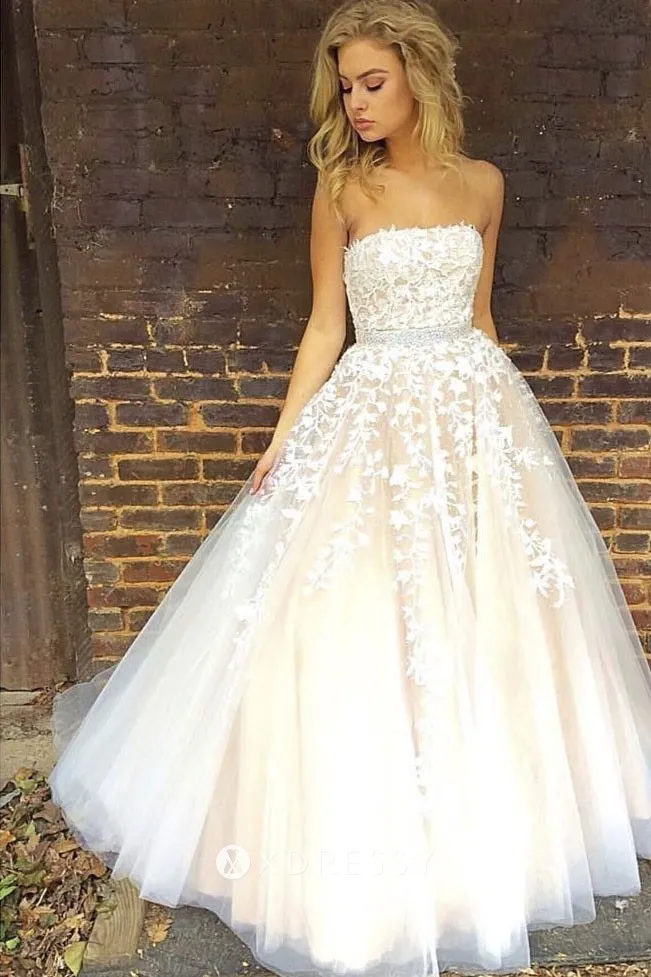 strapless lace tulle champagne engagement ballgown