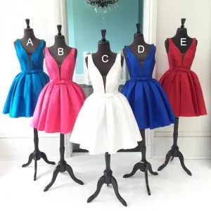 simple V neck short satin homecoming dresses