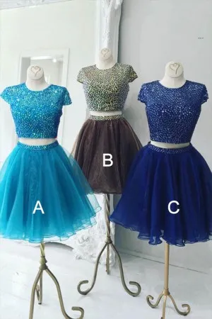short organza shiny pearls two piece cocktail gown