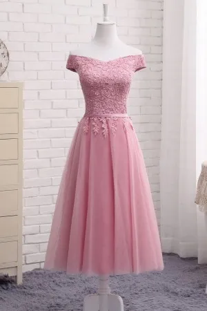 tea length lace appliqued pink homecoming dress