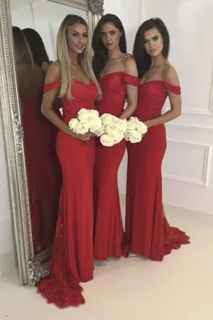 off shoulder beaded red mermaid bridesmaid dresses
