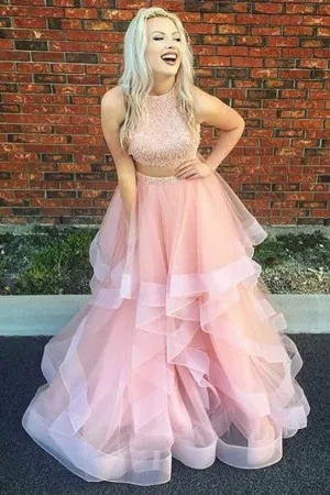 two piece pink pearls tulle flounced prom dress