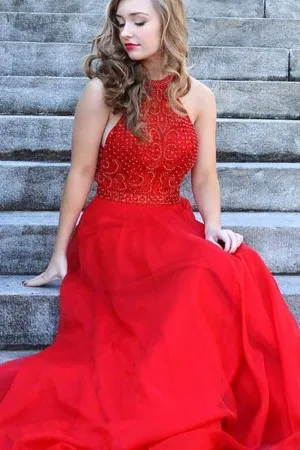 halter neck beaded bodice split red engagement dress