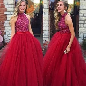 high neck red diamond crystals ball gown prom gown