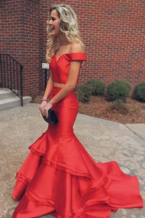off the shoulder two piece red satin mermaid prom gown
