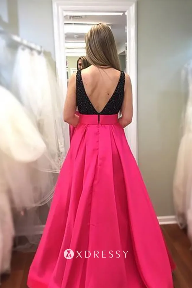 V back beaded black fuchsia satin prom dress