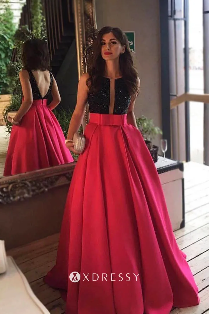 beaded black fuchsia satin engagement dress