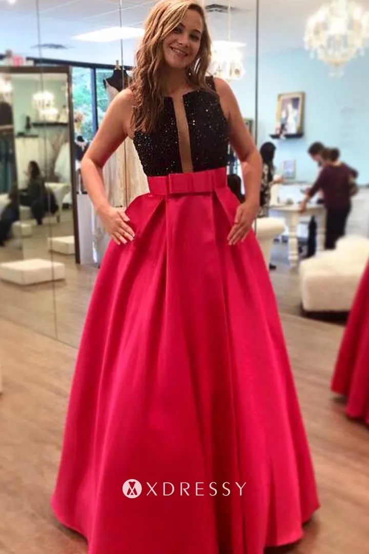 sleeveless beading black fuchsia satin prom dress