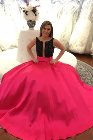 two tone beading black fuchsia satin prom dress