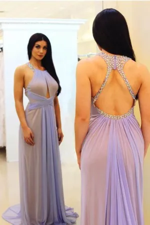 lavender sheer chiffon diamond open back prom gown
