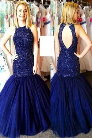 drop waist beading cobalt blue trumpet formal gown