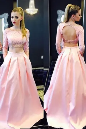 gold beading two piece pink prom gown with pockets