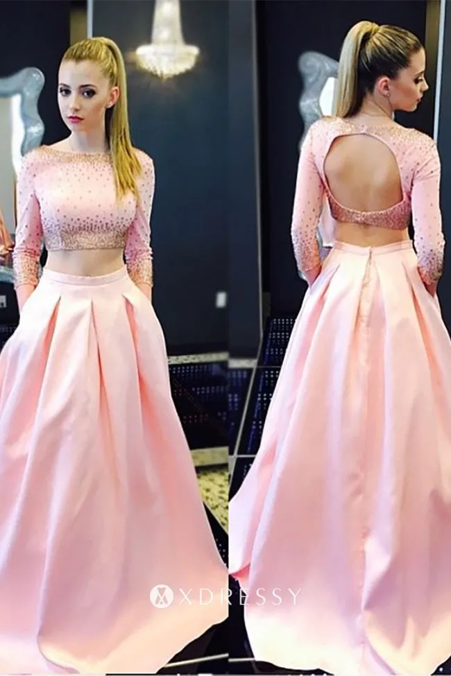 gold beading two piece pink prom gown with pockets gold beading two piece pink prom gown with pockets