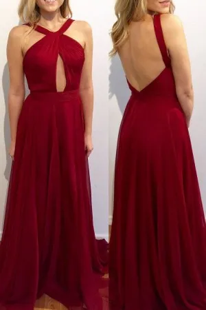 crimson red chiffon twisted halter strap prom gown