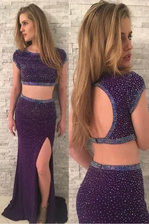 open back diamond grape slit two piece prom dress