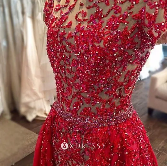 beaded red lace prom dress with tulle overskirt beaded red lace prom dress with tulle overskirt