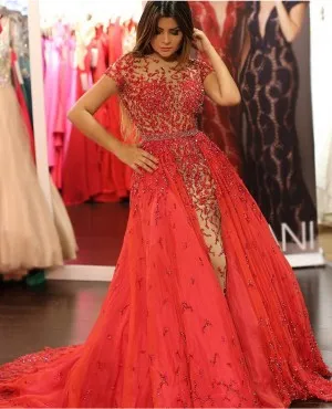 luxury beaded red prom dress with tulle overskirt