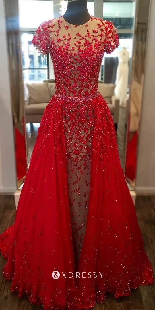 short sleeve beaded red prom dress short sleeve beaded red prom dress