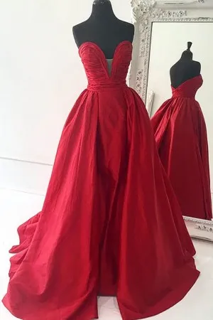 strapless pleated bodice red overskrit prom dress