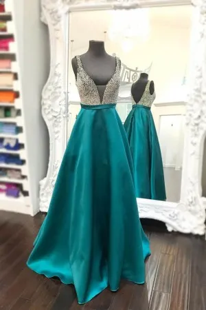 shiny silver beading teal satin military ball prom dress