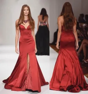 strapless Crimson satin split trumpet formal dress