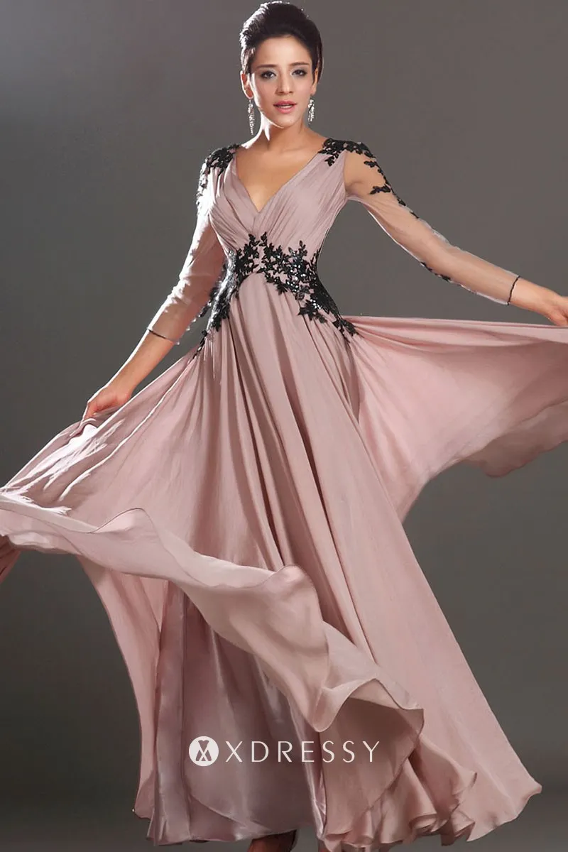 illusion long sleeve black lace appliqued champagne prom dress