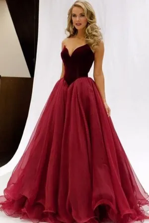 strapless V neck burgundy crimson prom ball gown