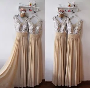 V neck silver sequin bodice sand chiffon bridesmaid dress