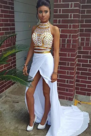 two piece gold metallic high neck slit prom dress
