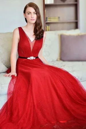 sleeveless V neck shimmer red tulle formal dress
