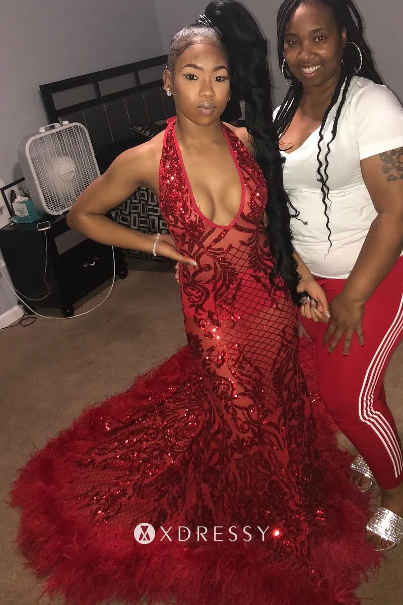 halter plunging V neck red sequin feather long train prom dress halter plunging V neck red sequin feather long train prom dress