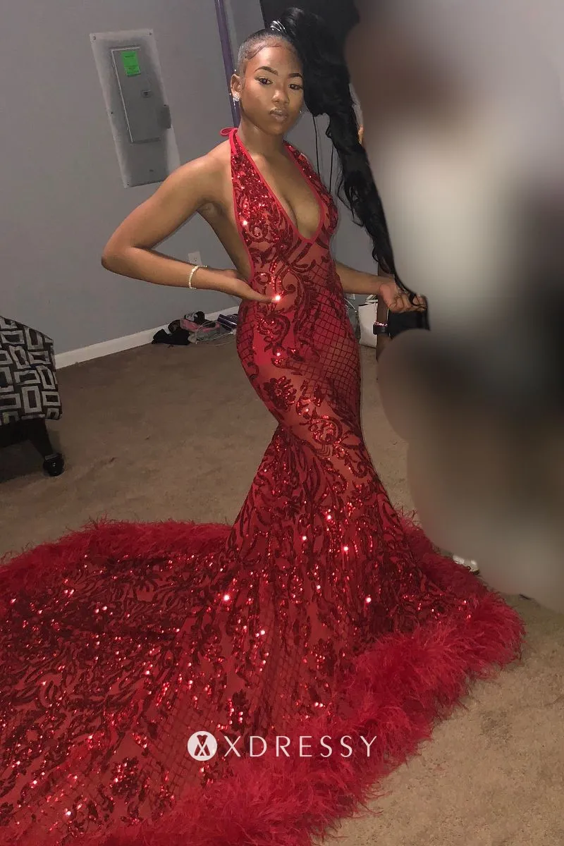 red sequin feather dress