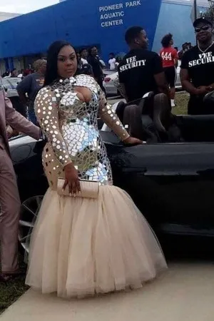 silver mirror sequin tulle plus size prom dress