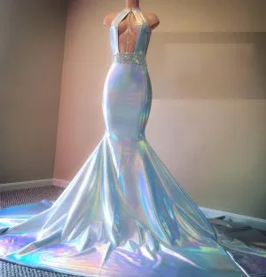 shiny fabric open bodice glitter sash prom dress