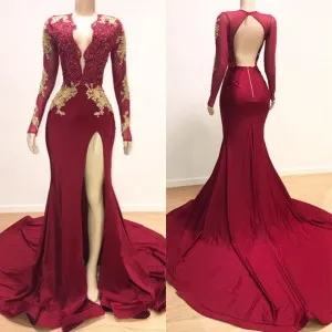 split red gold lace applique elegant prom dress