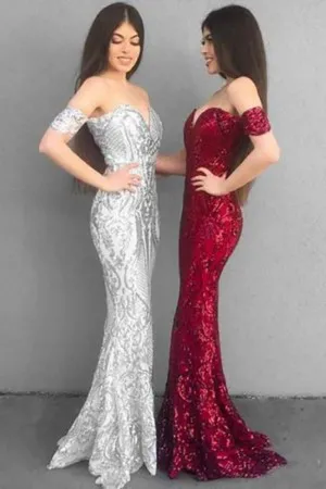 silver red sequin slim fit mermaid prom dresses