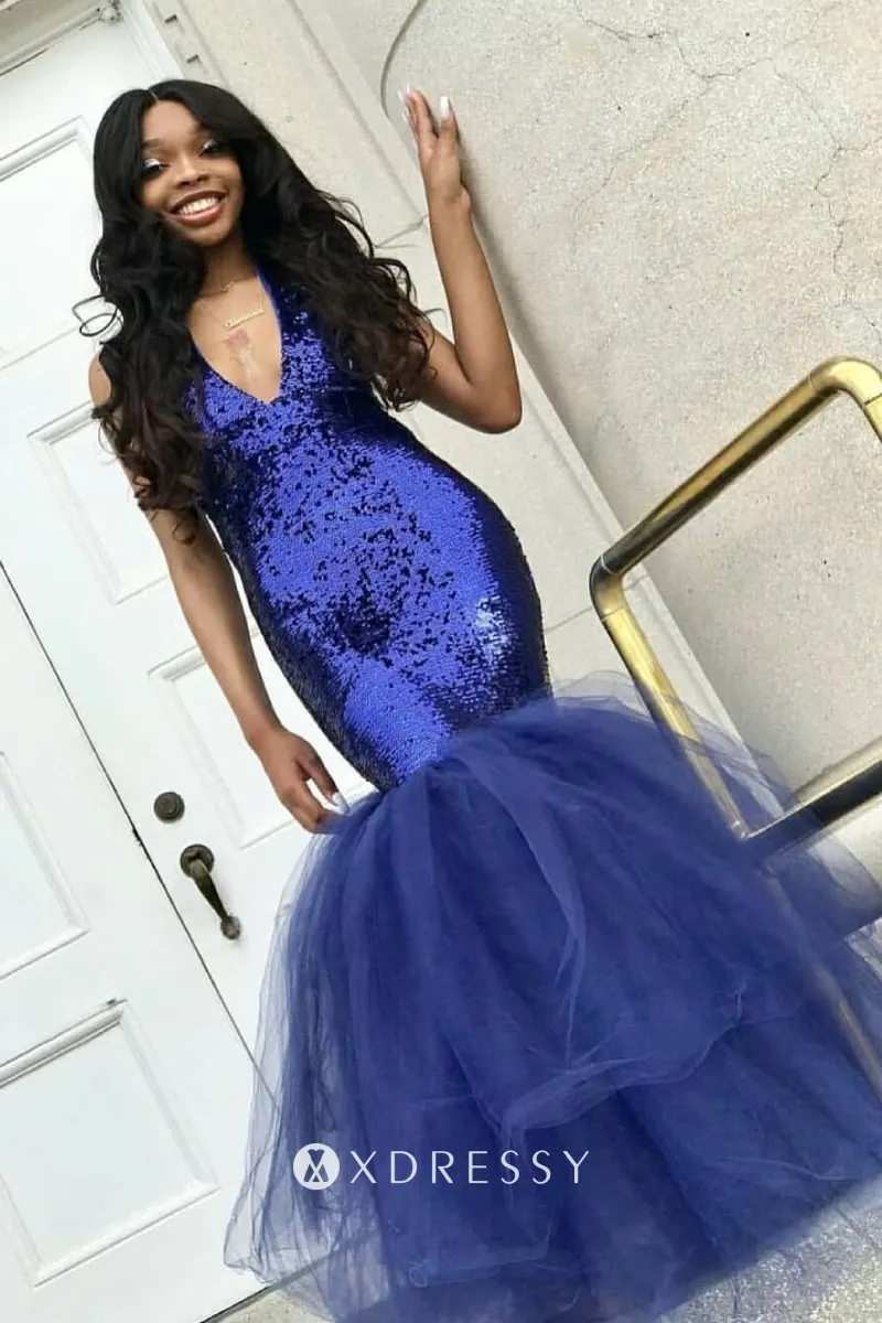 blue sequin evening dress