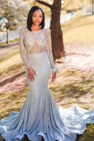 silver beading illusion African american prom gown