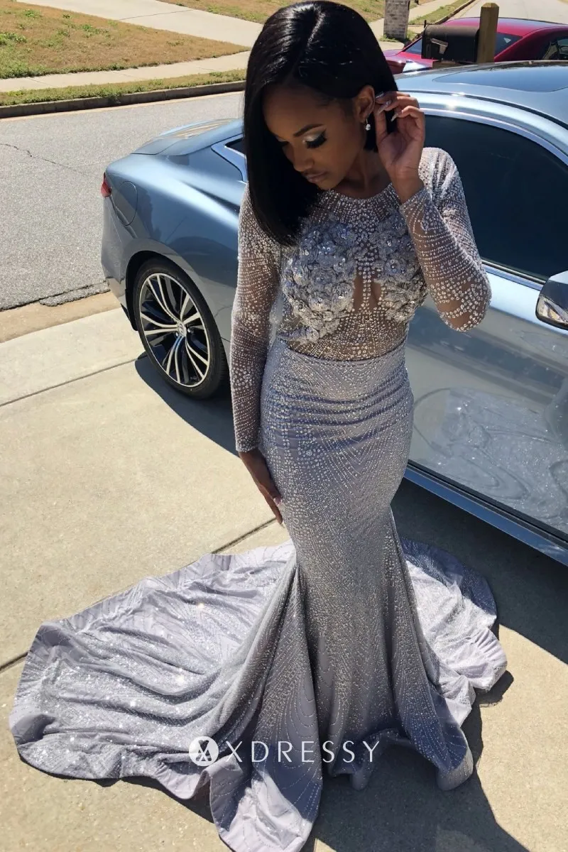silver beading illusion neck and long sleeve prom gown silver beading illusion neck and long sleeve prom gown