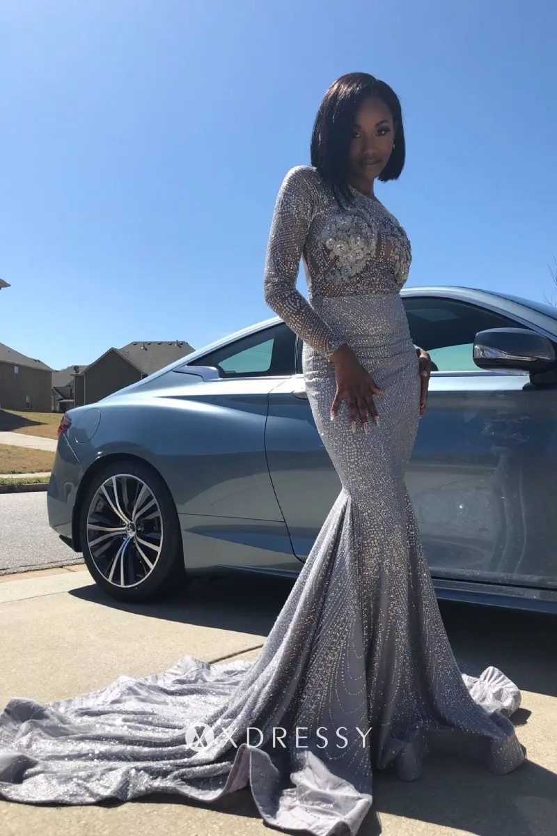 silver beading illusion prom gown with long train silver beading illusion prom gown with long train