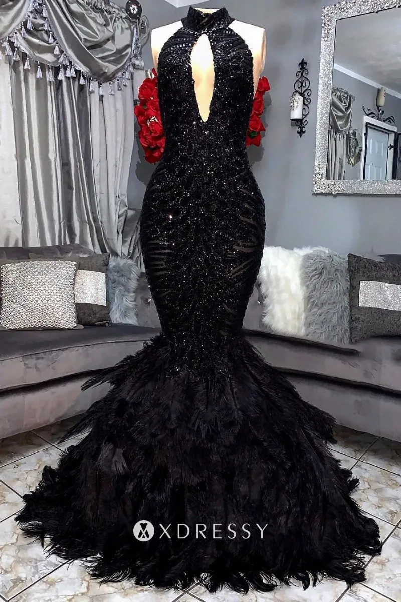 sleeveless black sequin feather long prom dress