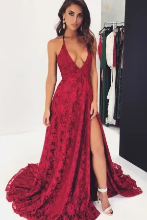 red floral lace plunging neck high slit prom dress