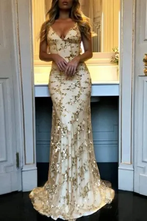 V neck gold glitter sequin mesh overlay prom dress