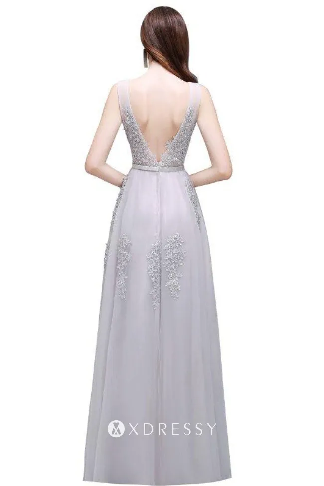 V back light grey lace appliqued tulle evening prom dress