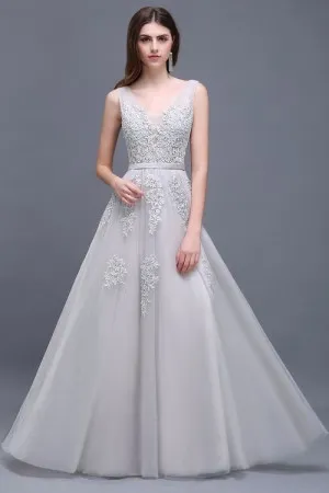light grey lace appliqued tulle evening prom dress