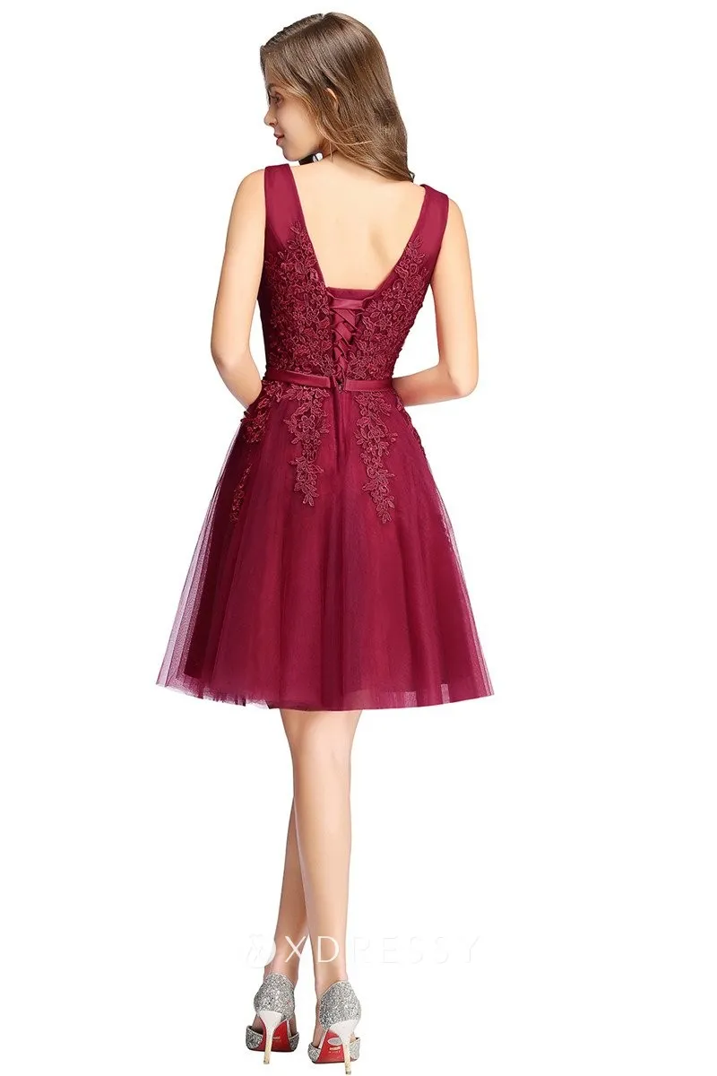 lace up back wine short homecoming dress