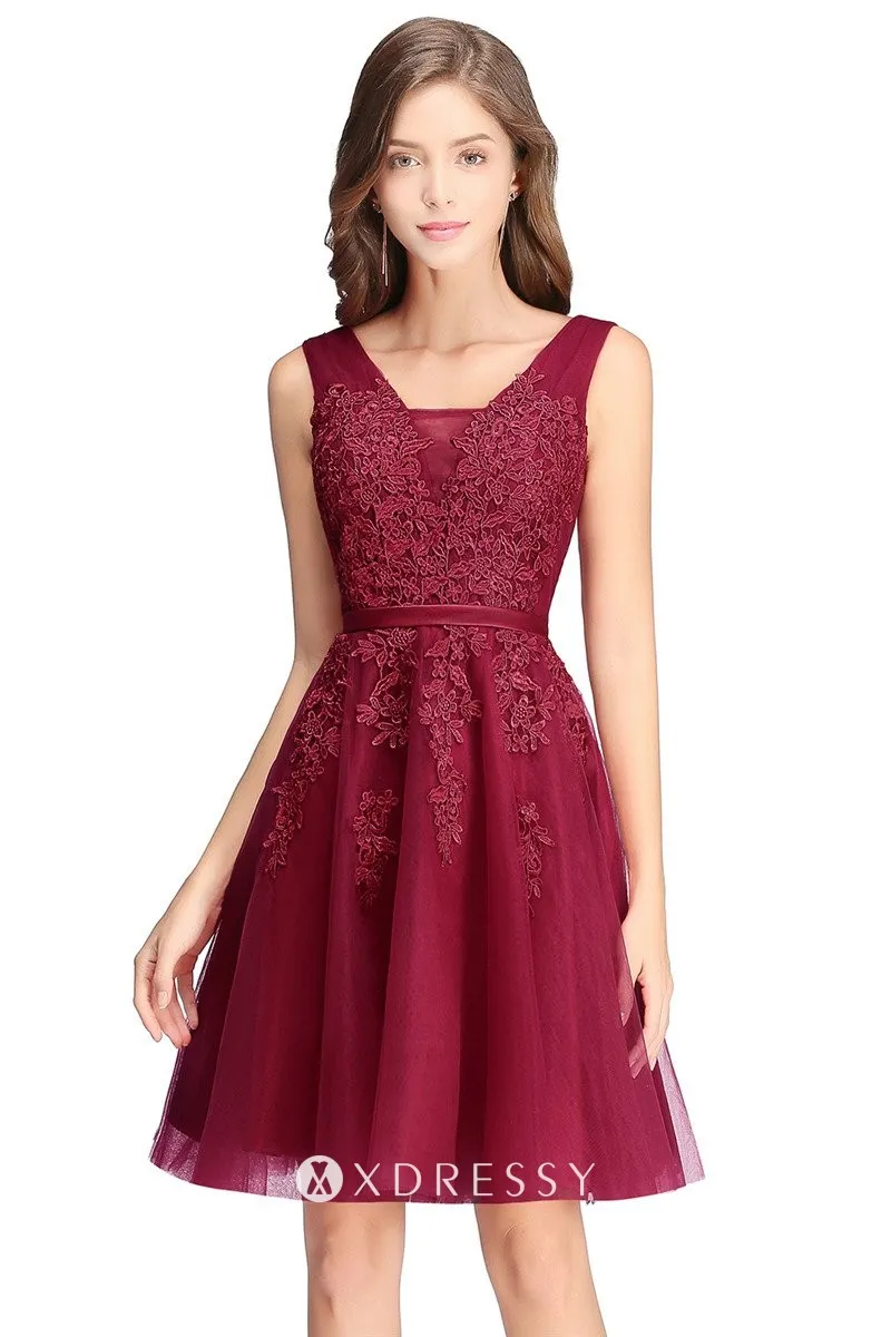 wine lace appliqued tulle short cocktail dress