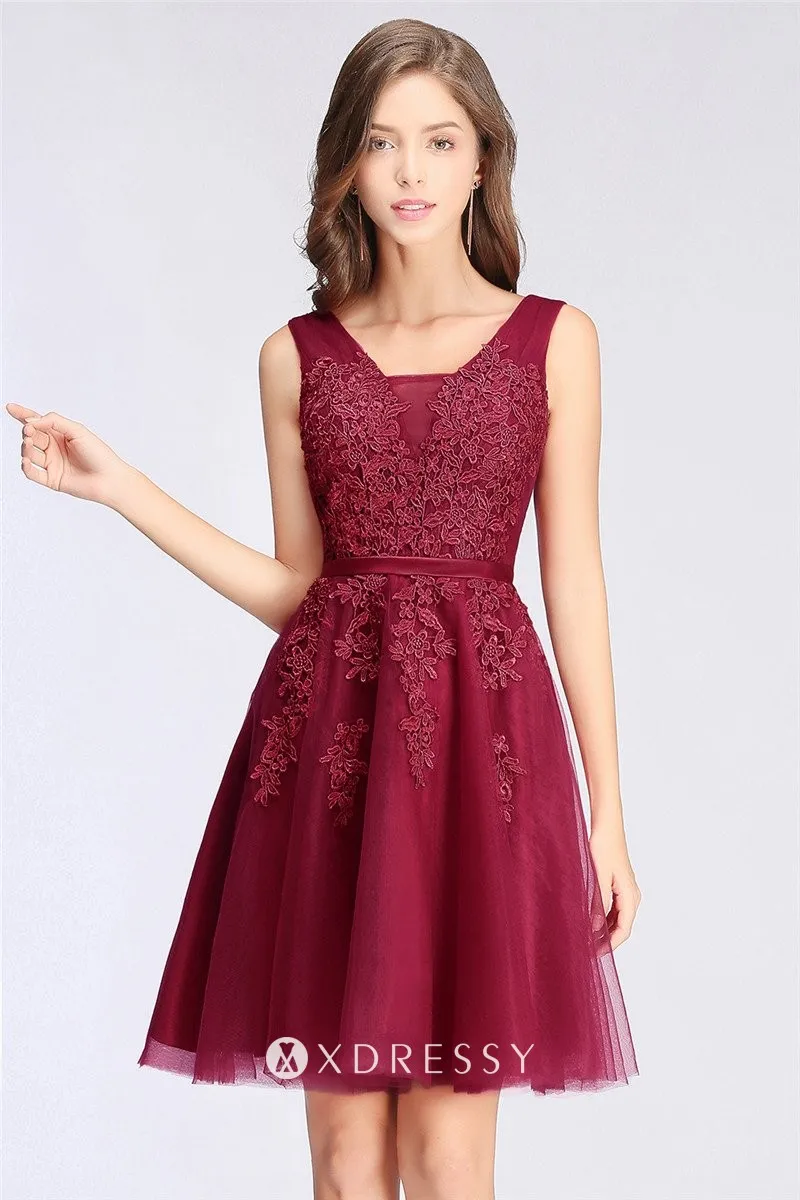 wine lace appliqued tulle short homecoming dress