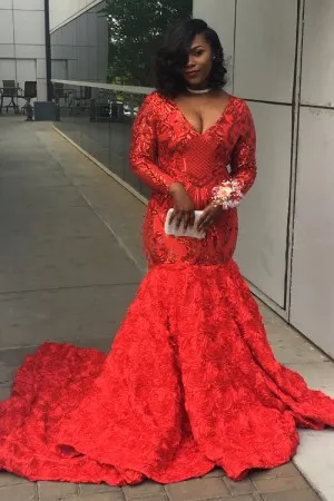 red sequin 3D rosette prom dress with long train